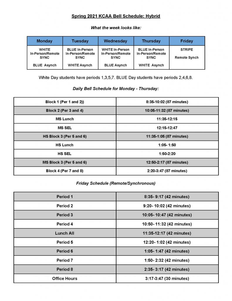 Kunsmiller Creative Arts Academy » MS/HS Spring Schedule